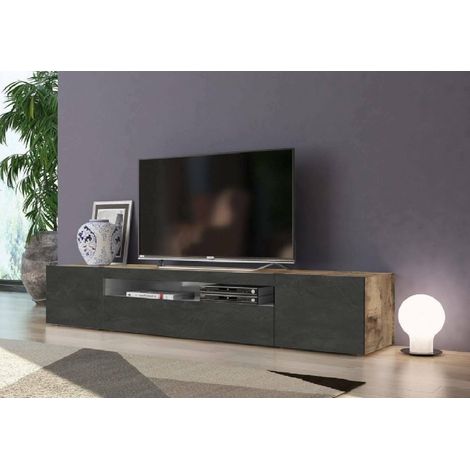 Dmora - Mueble de televisión Dfirman, Aparador bajo para salón con 3 puertas, base soporte TV, 100% Made in Italy, cm 200x40h37, Arce y Pizarra (1/4)
