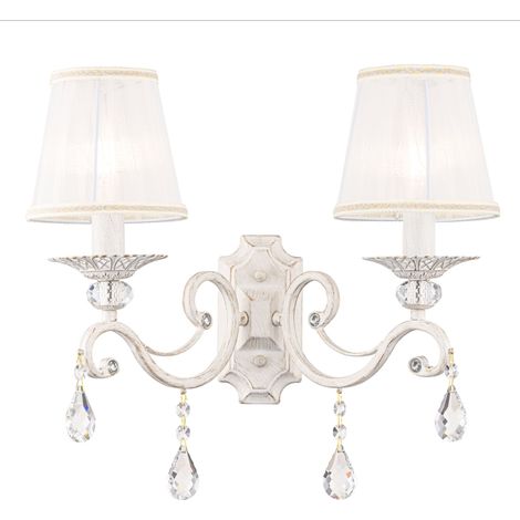 Applique Shabby Chic Grace Metallo Bianco 2 Luci Diffusori Tessuto Su Pvc Bianco (1/4)