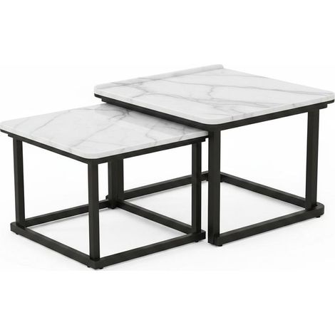 Set de 2 Tables Basses Gigognes Carrées Design Moderne, Tables d'Appoint Empilables et Gain de Place, Blanc, Tables Basses (1/5)