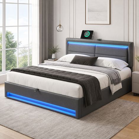 Cama con cajón 160 x 200 cm con USB, LED y almacenamiento, gris HAVRYA (1/5)