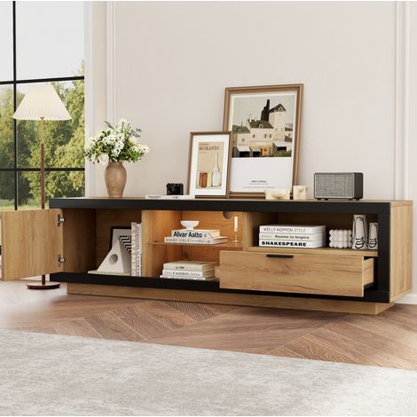 Mueble TV FloraGrace 160x40x50 cm, paneles negros y roble, con almacenaje (1/5)