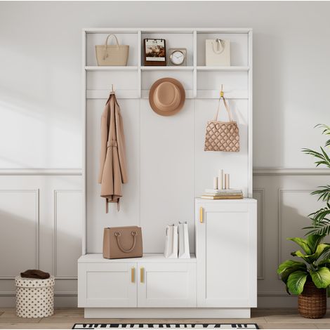 Mueble de recibidor con banco, 3 ganchos y estante ajustable, blanco HAVRYA (1/5)