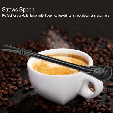 Cuillère à paille en métal inoxydable, réutilisable et lavable, noire (1/5)