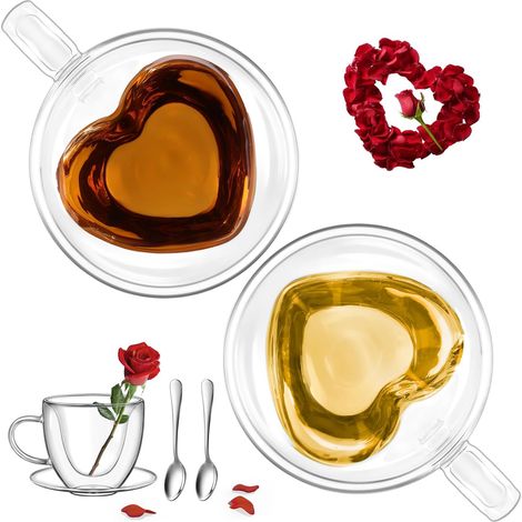 Lot de 2 Tasse à café, Verre double paroi, Forme cœur, Verre borosilicaté, 150 ml, Pour espresso thé lait (1/5)