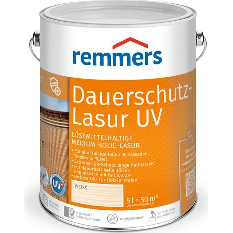 Remmers Dauerschutz-Lasur UV weiß, 5 Liter, Holz UV-Schutz für außen, auch für helle Farbtöne und farblos UV+, blockfest, wetterbeständig