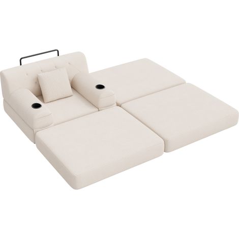Fauteuil convertible 1 place avec repose-pieds en velours côtelé beige, avec fonction lit et rangement, dossier haut, structure métallique (1/5)