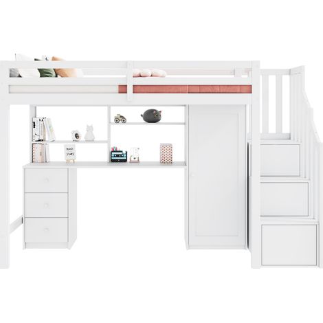 CHICFURN Cama alta infantil 90x200 cm de madera blanca con escritorio y armario (1/5)