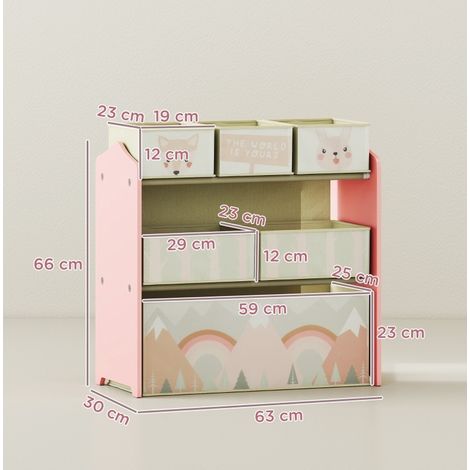 Étagère enfant rose avec 6 compartiments et motifs décoratifs, 63x30x66 cm (1/5)