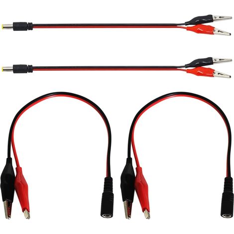 Lot de 4 Câbles Adaptateur Secteur 5,5 x 2,1 mm Câble d'alimentation Jack mâle DC à Pince Crocodile, 5.5 2.1 à Double Pince Crocodile (DC mâle + Femelle)