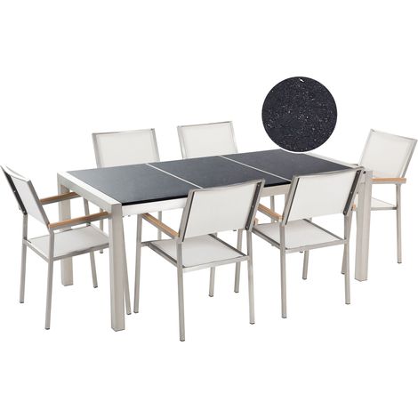 Conjunto de comedor de jardín blanco con mesa 180 x 90 cm de granito negro 6 sillas Grosseto (1/5)