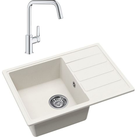 62x44 cm kit évier avec égouttoir réversible en Granite, à encastrer, blanc + mitigeur lavabo/cuisine Grohe Start (SATSE2WG304)
