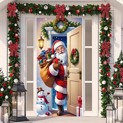 Decoración navideña para puerta (200 x 90 cm), diseño de Papá Noel, ideal para uso en interiores y exteriores (1/5)