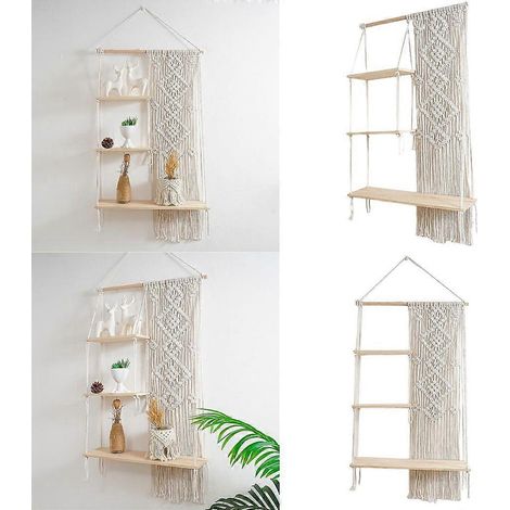 Étagère murale en macramé à 3 niveaux avec support pour plantes, idéale pour la cuisine et la salle de bain. (1/4)