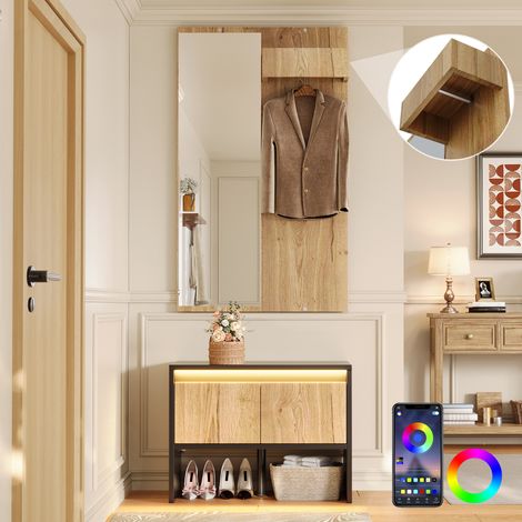 Ensemble armoire avec penderie, patères, miroir, banc à chaussures et 2 tiroirs – coloris noir et naturel, 60×38×145 cm (1/5)