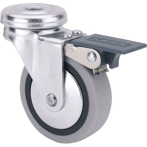 Gummi-Lenkrolle mit Loch, Feststeller und glatter Achse, grau, max. Tragkraft 17 kg, ø 4 cm