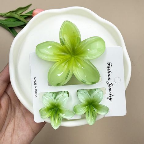 3 Pezzi Fermagli per Capelli Fiore, Fermaglio per Capelli Fiore Hawaiano, Accessori per Acconciature Antiscivolo, Adatto per Capelli Fini e Spessi per Donne Adolescenti, Verde (1/5)