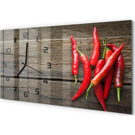 Horloge Murale Panoramique Artistique 60x30 cm Verre Trempé Design Original Piments (1/5)