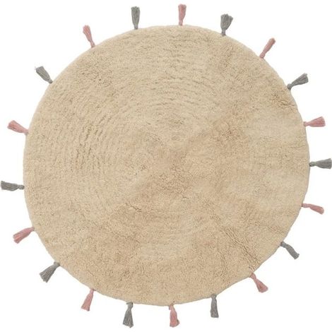 Tapis - JUANIO - Rond franges coton beige - Diamètre 90 cm - Anti-acarien - Lavable 30°C (1/2)