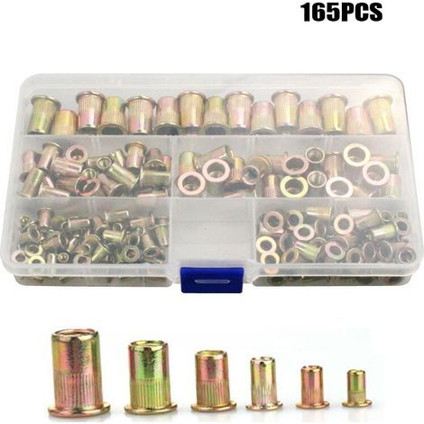 Rivet Écrou,Inserts Filetés Écrou Acier au Carbone Plaqué au Zinc dans Boite en Plastique M3 M4 M5 M6 M8 M10 M12 166 pièces, (1/5)