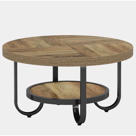 Table basse ronde à deux niveaux, plateau principal pour accessoires, étagère inférieure de 50 cm, style industriel noir et bois, MDF et métal CHICFURN (1/5)