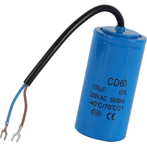 Condensateur de démarrage CD60 150µF 250V AC 50/60Hz film polypropylène métallisé bleu avec fils boîtier plastique 1 pièce pour moteur compresseur air (1/5)