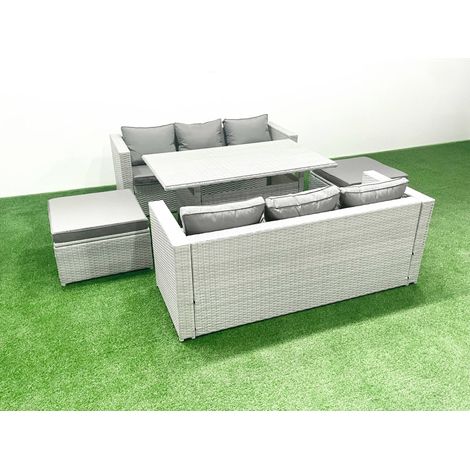 Fimous Rattan Garden Furniture Set 8 Seater Outdoor Sofa Set with Dining Table 2 Big Footstools Light Grey Mixed (1/5)