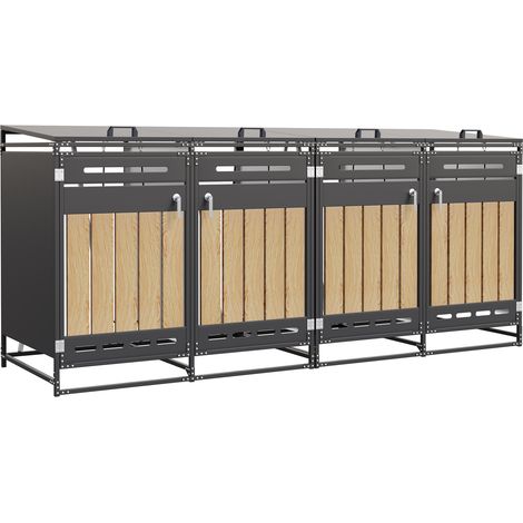 ELVMI Mülltonnenbox mit 4 Fächern, Hydraulikdeckeln, abschließbaren Türen und Holzoptikblenden aus Eisen Schwarz (1/5)