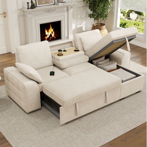 Divano angolare a 3 posti 212x150x86 cm con contenitore, porta USB, tavolino pieghevole, ciniglia beige (1/5)