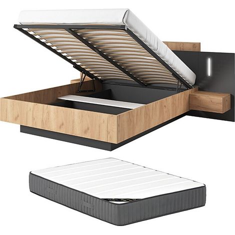 Letto con contenitore con comodini 160 x 200 cm 2 cassetti Con LED Naturale e antracite + Materasso - FRANCOLI