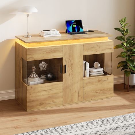 Buffet bas avec éclairage LED 120x40x79,5 cm, meuble de rangement avec portes vitrées, prises USB/USB-C, prise EU, étagères, effet bois - Chêne clair (1/5)