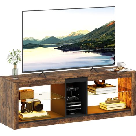 Meuble TV avec lumières LED et télécommande, étagères et compartiments ouvert, 140x35x47cm, marron (1/5)