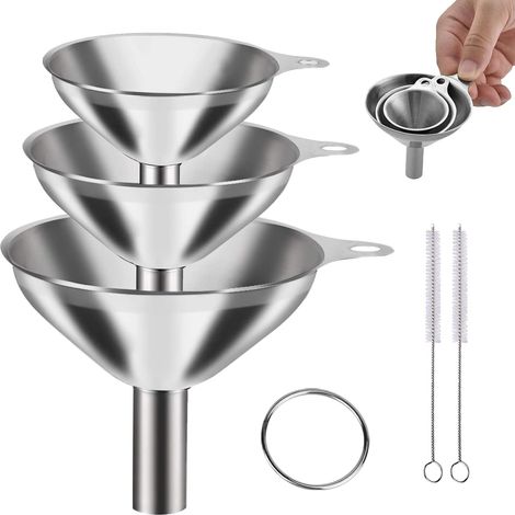 Entonnoir de cuisine Lot de 3 entonnoirs en acier inoxydable avec poignée et brosse de nettoyage, petit entonnoir empilable pour confitures, huiles, poudres et liquides, robuste et lavable au (1/5)