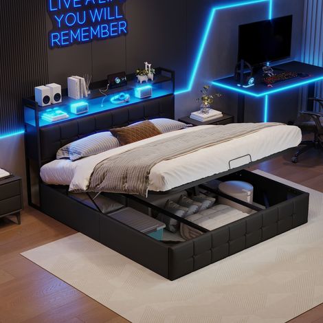 Lit Coffre 140x200cm avec éclairage LED et Rangement, Lit capitonné avec Prises, Charge USB et Type-C, Sommier à Lattes, PU, Noir (1/3)