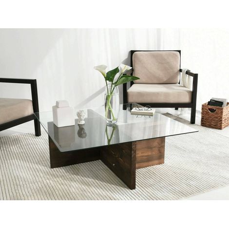 Dmora - Tavolino da salotto Dhabi, Tavolo basso da caffè, Portariviste per divano, Ripiano da soggiorno, 90x90h35 cm, Noce (1/5)
