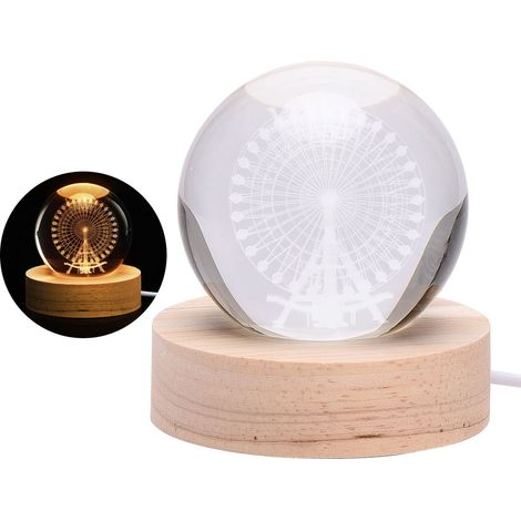 Veilleuse boule de cristal galaxie 3D, veilleuse boule de cristal LED système solaire avec base en bois (grande roue)