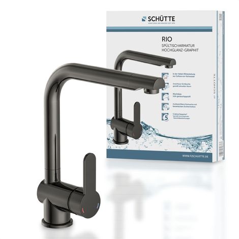 SCHÜTTE 79836 RIO rubinetto girevole a 360° per cucina, miscelatore per lavello con bocca alta per cucina, miscelatore monocomando per lavello doppio per lavello, rubinetto in grafite lucida (1/5)