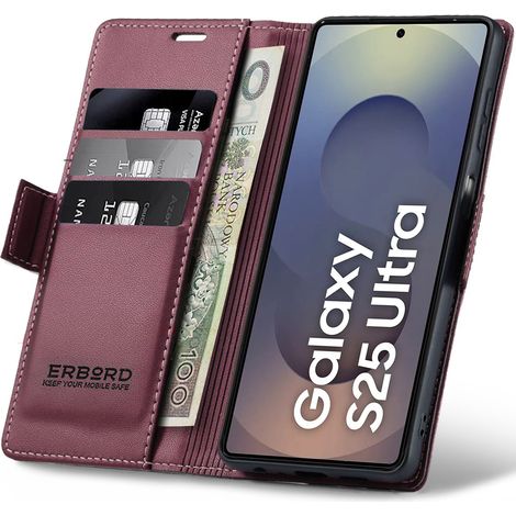 Funda para Samsung Galaxy S25 Ultra, color lichi brillante, tipo cartera, color rojo. (1/5)