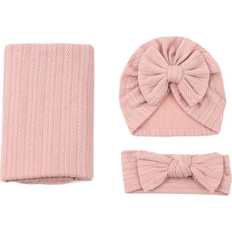 Lot de 3 langes et bandeau en coton et polyester, texture froment, couleur unie, extensible, enveloppant, rose (1/5)