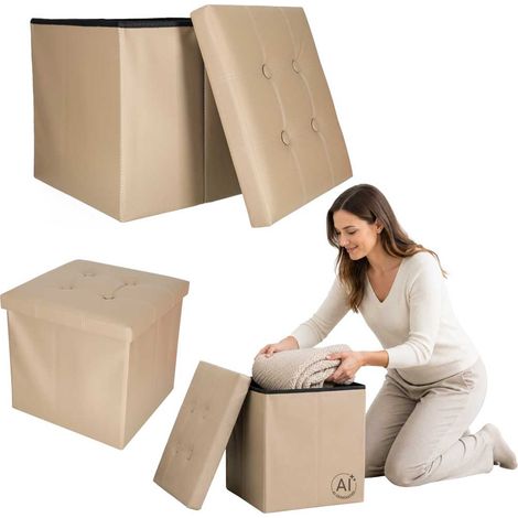 Beige Faux Leather Storage Ottoman, Foldable 38x38x36 cm (1/5)