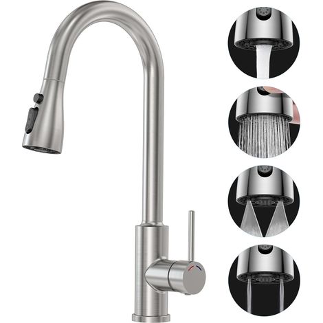 Robinet Cuisine avec Douchette Extensible Mitigeur - SREWOHS PRO Rabattable Mitigeur Robinet Evier de Cuisine avec 4 Douchette Modes, 360° d'Évier à Arc Élevé Acier Inoxydable Robinet Cuisine (1/5)