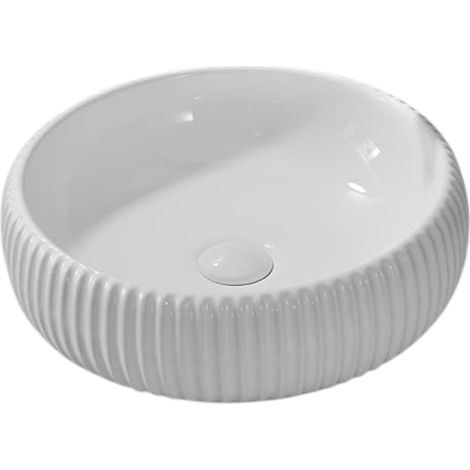 Vasque à poser ronde -42 cm -Blanc brillant rainurée -ELVORA (1/5)