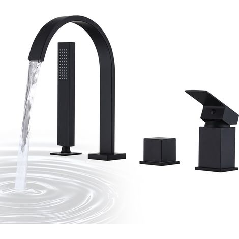 Schwarzer 4-Loch-Wannenarmatur aus massivem Messing – 360° schwenkbarer Wasserfall-Auslauf mit Handbrause, modern & langlebig  Badarmatur Schwarz Matt
