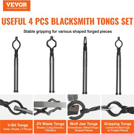 Pince de Forge 4PCs Tenailles de Forge 46 cm en V en Gueule de Loup en ZV et Pince de Préhension en Acier au Carbone Long Manche Bonne Prise Opération Plus Sûre Matériels de Base pour Forgeron (1/5)