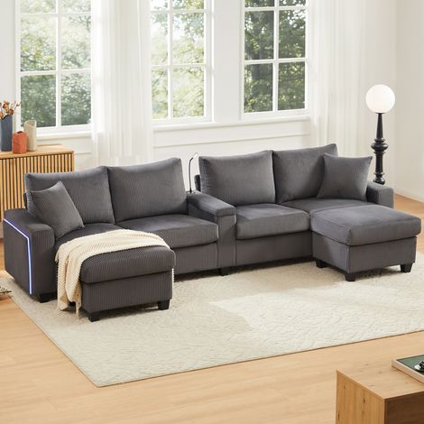 U-förmiges Sofa (334x128.5x81 cm), mit 2 Hockern, USB und Type C, LED und Stauraum, Cord, Grau (1/5)
