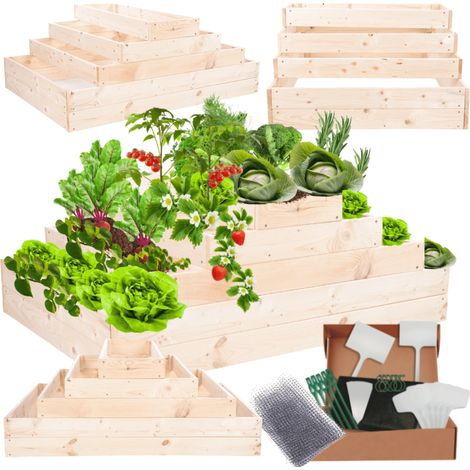 MODO24 ZP09 Carré potager surélevé en escalier modulable, bois de pin, herbes/légumes, jardin/terrasse/balcon, 45x117x80 cm, naturel