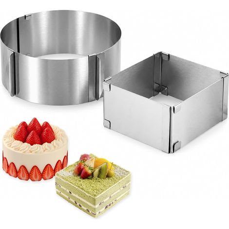 Set of Adjustable Pastry Circles, Round 16-30 cm and Square 16-11 mm, Height 10 cm, Stainless Steel Baking Frame for Cakes and Desserts (1/5)
