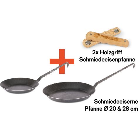 Petromax Pfannen-Set Schmiedeeisen Pfanne SP20 + SP28 + 2x Holzgriff HANDLE-SP-W