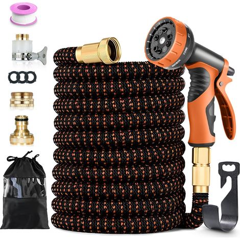 Tubo da giardino estensibile da 30 m con pistola a spruzzo a 10 funzioni, raccordi da 1/2" e 3/4", tappo terminale in rame, gancio e borsa, tubo a prova di perdite e anti-attorcigliamento - Arancione (1/5)