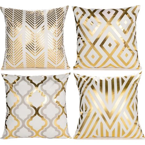 Housse de Coussin 45x45 Lot de 4, Housses de Coussin Blanc Doré en Polyester, Motif Géométrique Doré, Fermeture Éclair Cachée, pour Coussin Décoratif Canapé Salon Chambre, sans Rembourrage (1/5)