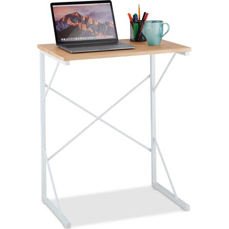 Relaxdays Schreibtisch, kleiner Büro Tisch, Mini Computertisch, HBT: 75x60x40 cm, Arbeitstisch, MDF & Eisen, weiß/braun